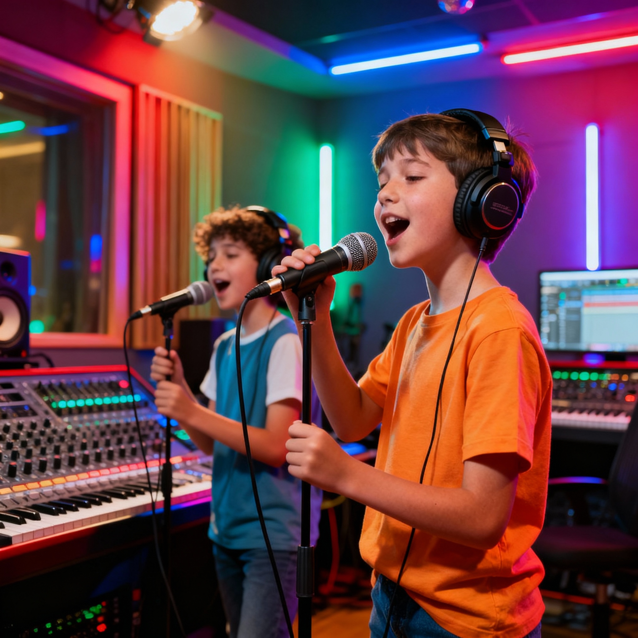 Children wearing headphones recording songs in professional Liverpool recording studio during birthday party experience