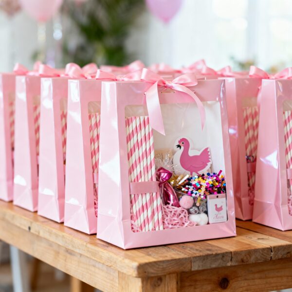 Pink hen party gift bags filled with party accessories