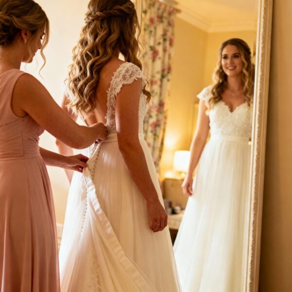 Maid of honour assisting bride with wedding dress