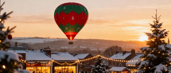 A hot air balloon flying over Merseyside in winter
