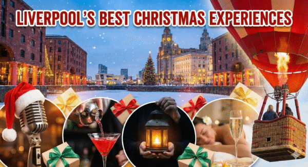 Festive montage image for a blog post about Liverpool's best Christmas experiences, featuring a snowy Albert Dock, gift boxes, and circular vignettes of a recording microphone, cocktail making, a ghost tour lantern, a spa day, and a hot air balloon ride.