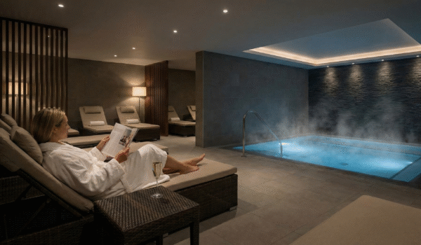 Relaxing spa day setting with a person reading by a hydrotherapy pool in a luxury Merseyside spa.