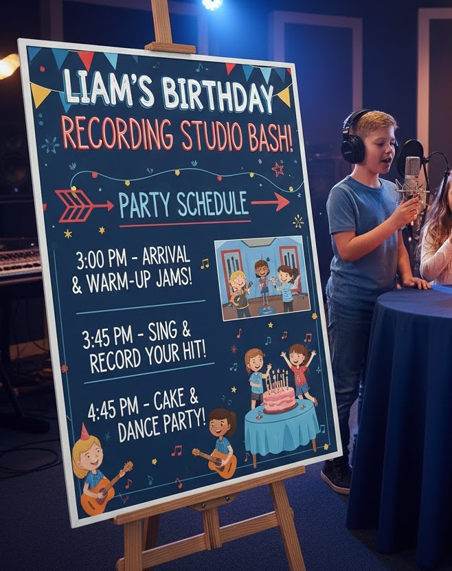 A colourful board on an easel, showing a children's party schedule with timings and cartoon pictures. A boy in the background is singing into a microphone at a recording studio.
