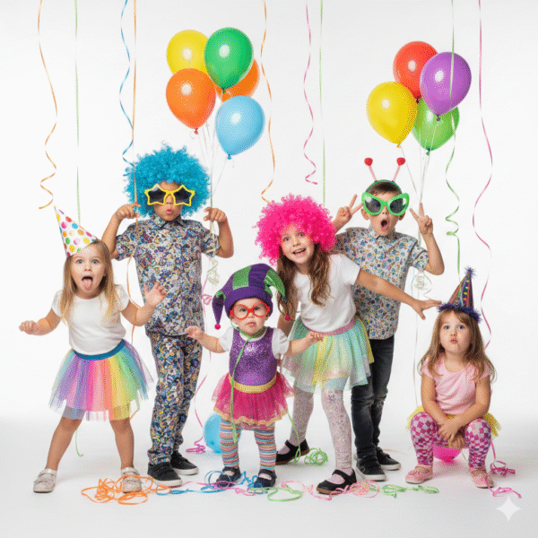 Diverse group of children in a professional studio shoot wearing colourful party clothes, neon wigs, and novelty glasses to represent themed kids parties by age.