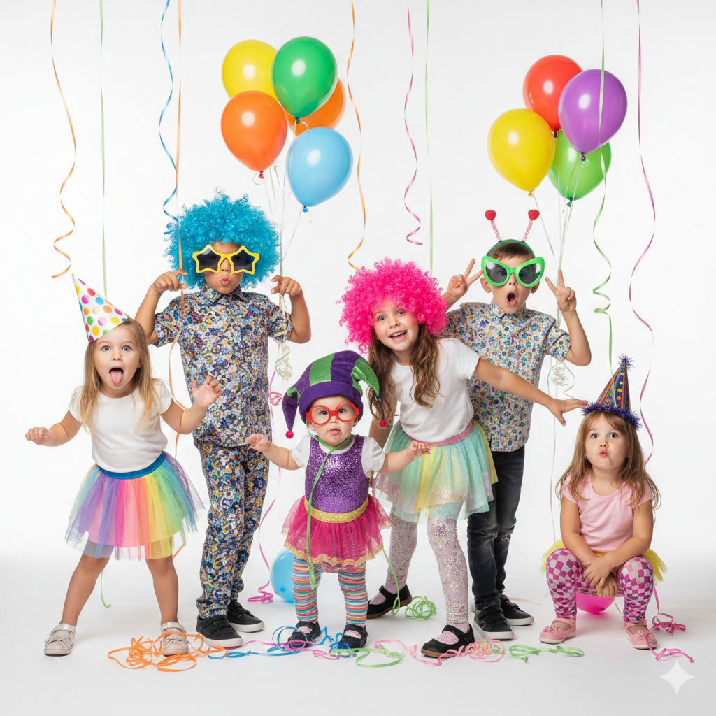 Diverse group of children in a professional studio shoot wearing colourful party clothes, neon wigs, and novelty glasses to represent themed kids parties by age.