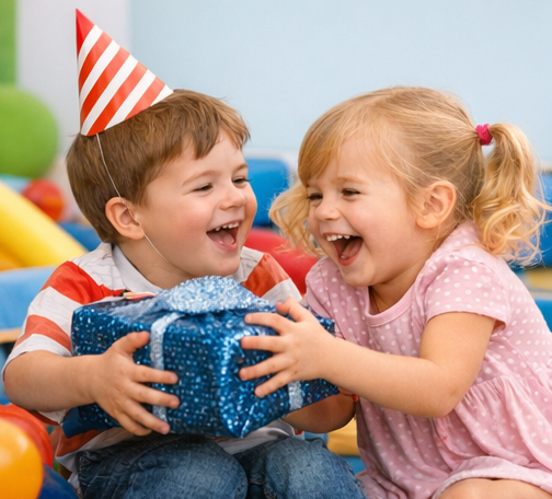 happy 4 to 5-year-old children playing with a wrapped birthday gift at a children's party for young children.