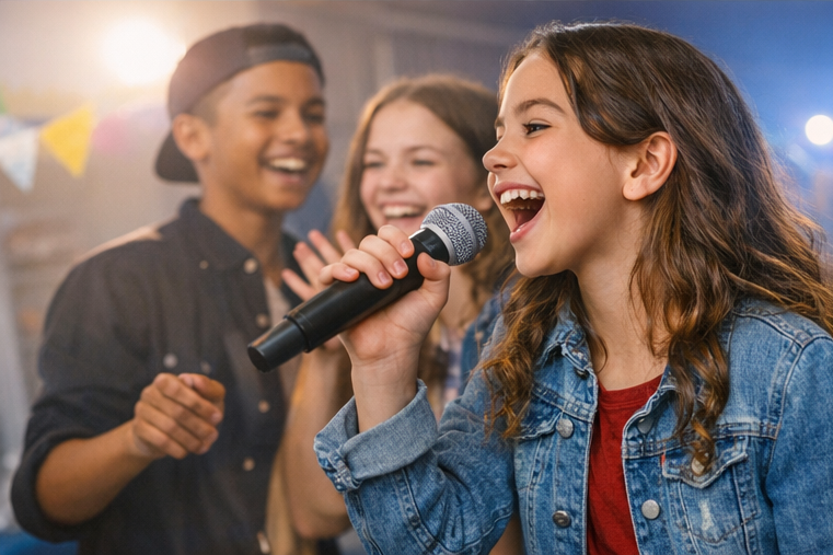 A group of children at a recording studio experience birthday party singing into a microphone.