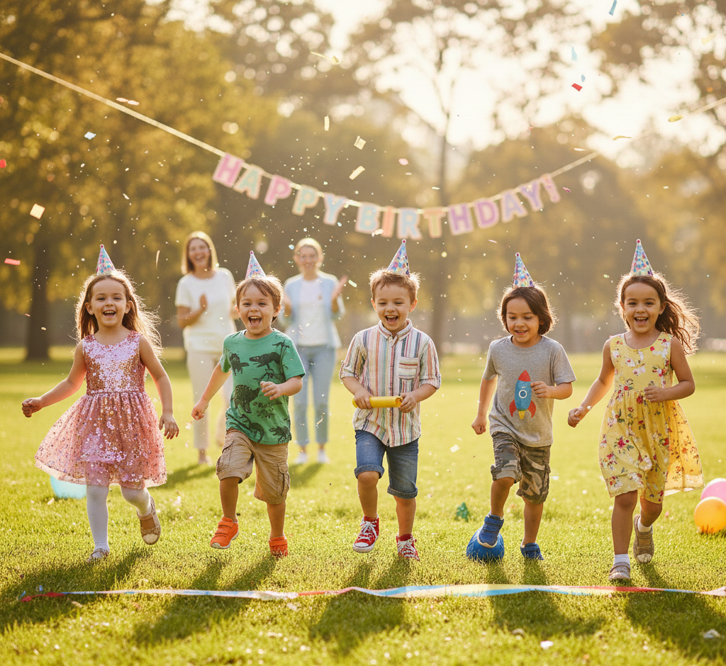 A diverse group of happy seven-year-old children in varied party outfits playing an outdoor team game for a kids party by age.