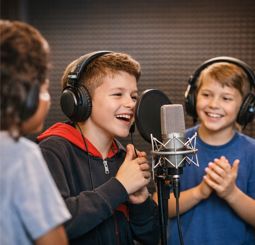 A group of boys at a recording studio experience birthday party singing into a microphone.